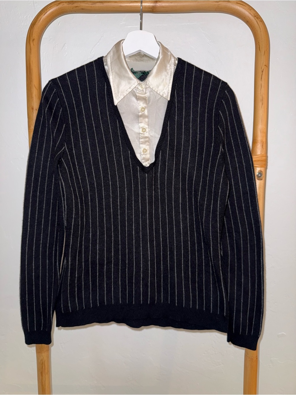 Ralph Lauren Cashmere Sweater Silk Pinstripe Layered Collared V Neck Pullover